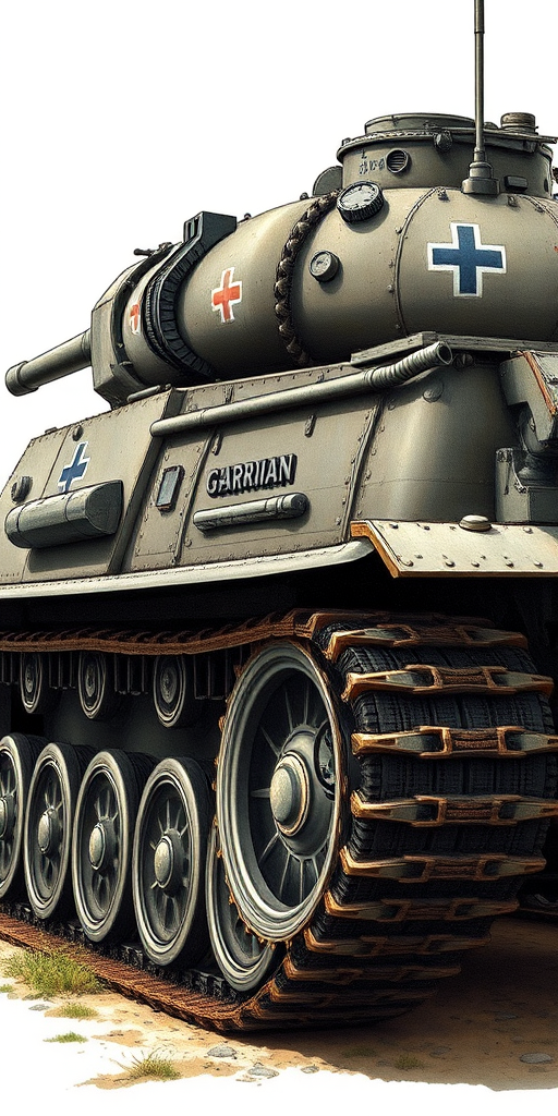 Create a detailed illustration of a World War II German tank, side view, with a focus on intricate mechanical elements, using a DSLR camera with a 50mm lens, f/8 aperture, ISO 100, and a shallow depth of field for enhanced clarity and detail.