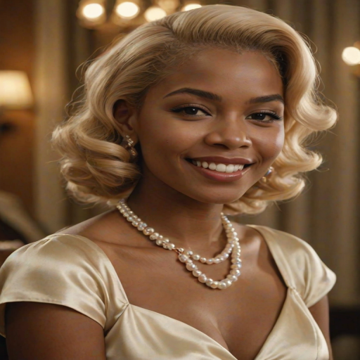 A beautiful Garifuna woman reminiscent of 1950s Hollywood glamour, with perfectly styled blonde hair and a seductive smile, dressed in a satin blouse and adorned with pearls, soft and warm tones, photorealistic, 8K