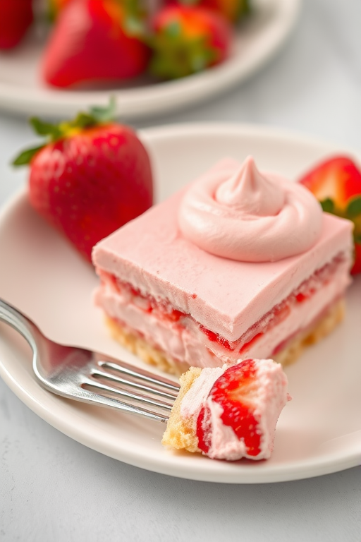 A slice of layered strawberry dessert with a pink whipped topping sitting on a white plate next to a fresh strawberry and a fork with a bite taken out of the slice, soft focus background.