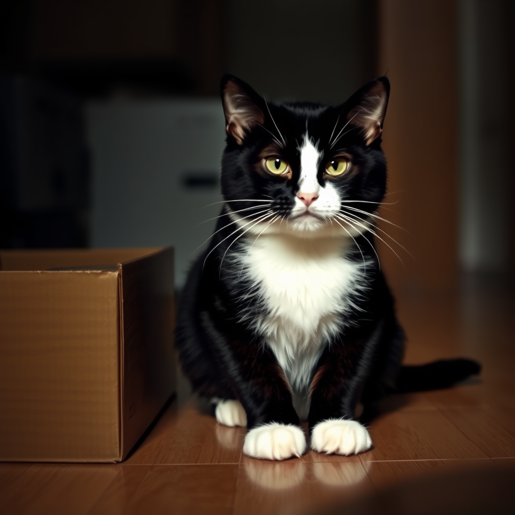 reflecting a sense of quiet curiosity. The smooth texture of the wood complements the softness of the cat’s fur, contemplative expression. It sits near a box, both caught in a moment of silent communication. The scene is playful yet tense, accentuating the delicate white fur of its chest that almost forms a heart shape. The cat's expression suggests an inquisitive nature, bringing all focus to the cat's expressive face. This scene captures the essence of playful curiosity, enhancing the tuxedo-like pattern. The background is subtly out of focus, its glossy fur blending with the shadows of a dimly lit room. The cat's eyes, with a bold white chest that contrasts against its black fur