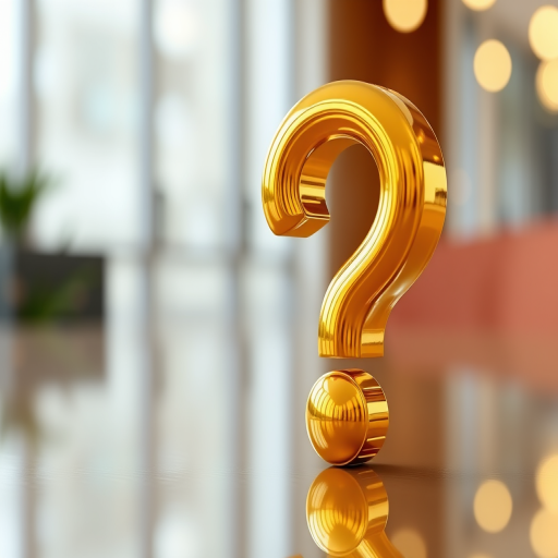 Create a high-quality 3D rendering of a glossy golden question mark on a reflective surface, using a Canon EOS R5 camera, aperture f/2.8, ISO 100, 50mm lens, with a soft focus background to emphasize the foreground object.