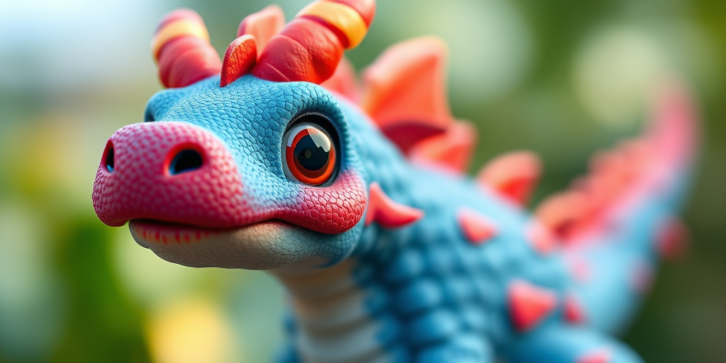 Create a vibrant, high-resolution image of a cartoon dragon with blue and red scales, showcasing its cute facial features, with a soft focus background, shot using a DSLR camera at f/2.8 aperture, 50mm lens, ISO 100, in natural lighting, emphasizing details and textures.