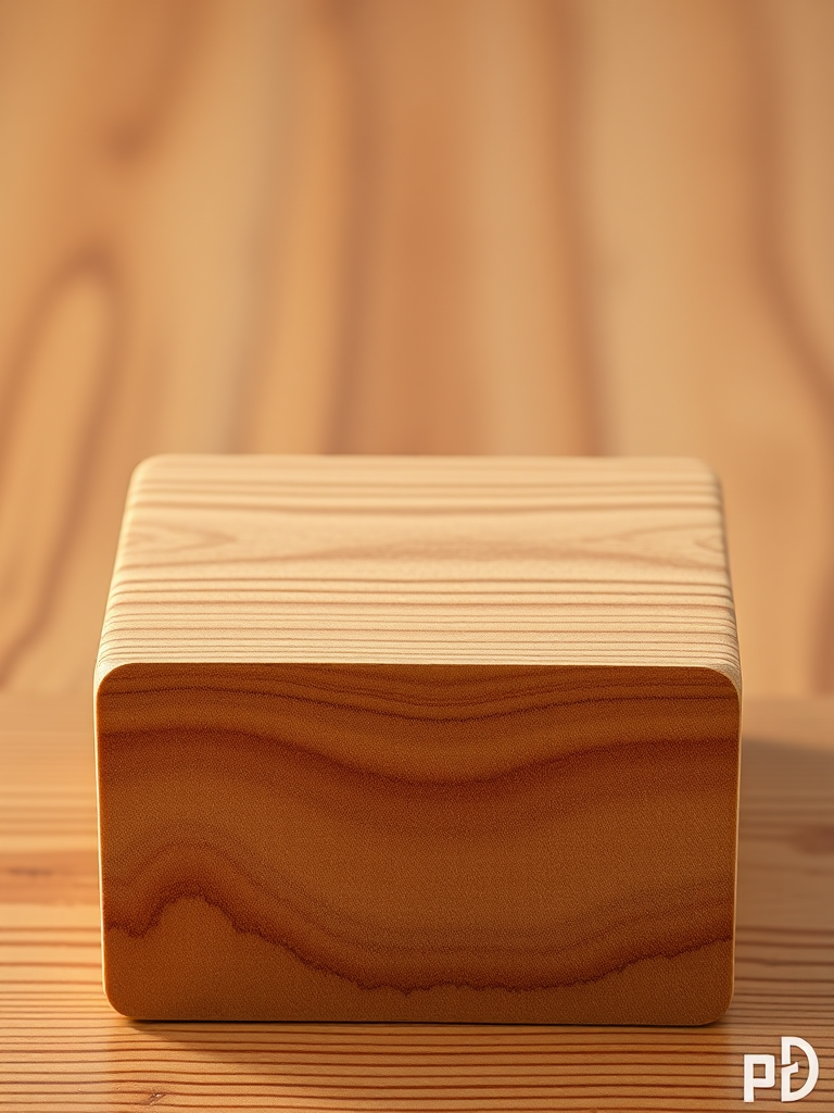 Create a highly detailed 3D rendering of a wooden block with a smooth texture, using a Canon EOS R5, 50mm lens, f/1.8 aperture, ISO 100, 1/200 sec shutter speed, shot from a slightly elevated angle to emphasize depth and grain patterns.