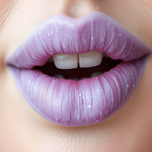 Frosted lilac lips with a subtle sparkle, ethereal and dreamy, evoking a sense of fantasy and whimsy in their delicate appearance