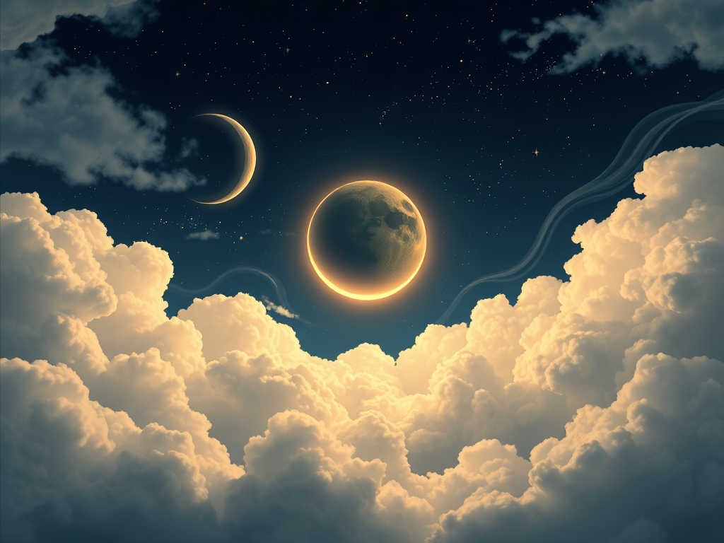 Generate an image of a dreamy night sky filled with fluffy clouds a glowing crescent moon and a large planet surrounded by twinkling stars and soft wispy clouds in a palette of dark blues and soft golds. The scene should evoke a sense of calm and wonder.