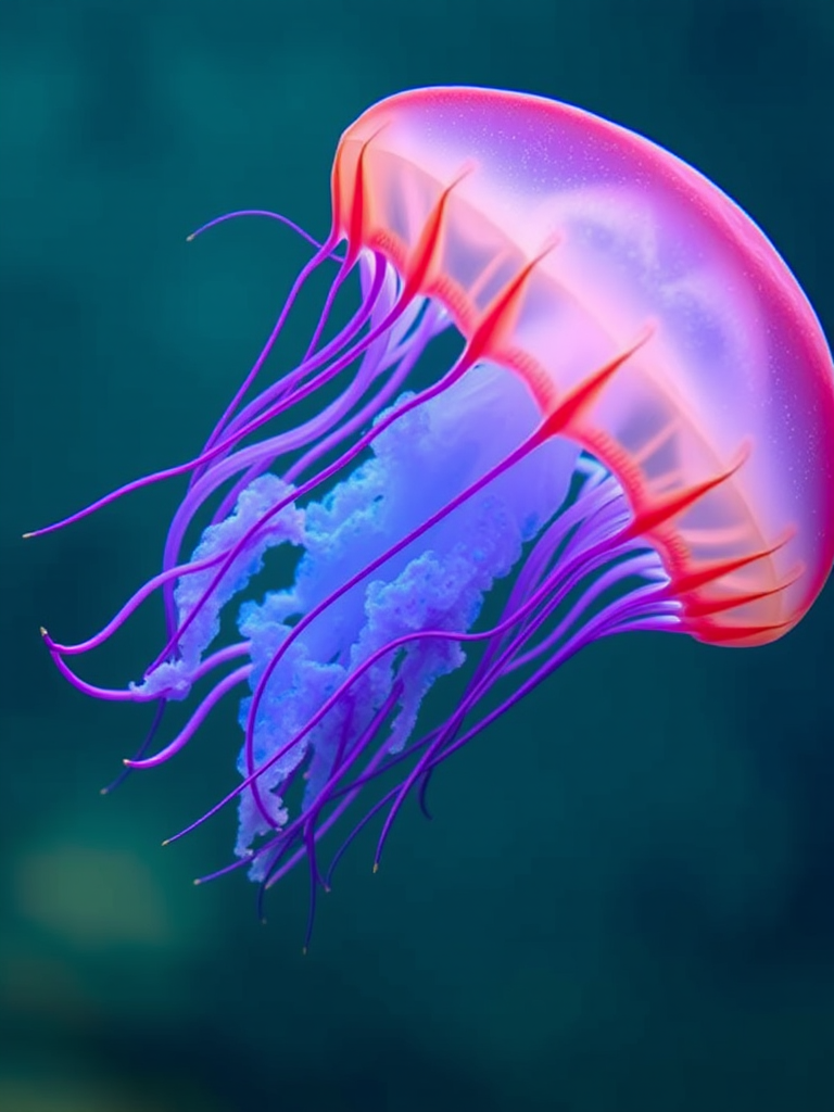 Create an ethereal underwater scene featuring a glowing jellyfish with vibrant blue and purple tentacles, captured with a Canon EOS R5, 85mm lens, f/1.4 aperture, ISO 200, and a soft focus bokeh background to enhance the jellyfish's luminescence.
