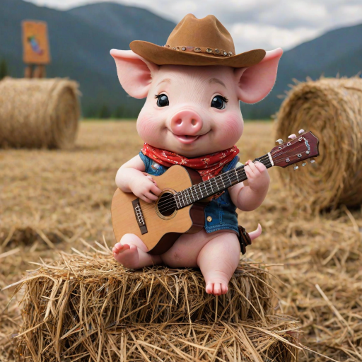 A chibi pig, dressed as a cowboy, playing guitar, sitting on a hay bale