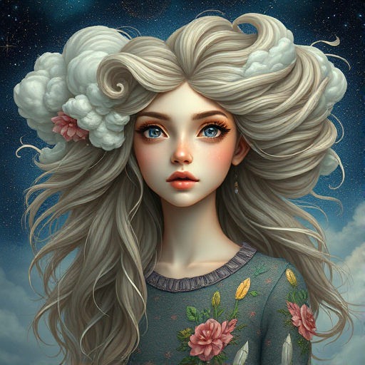 Create a series of imaginative portraits where each subject is infused with elements of fantasy and nature. The hair of the individuals should flow like clouds, varying from soft, fluffy cumulus to wispy cirrus strands, with hints of color reflecting a sunset or a clear blue sky. The eyes should be windows to entire galaxies, with stars, nebulae, and distant planets visible within them. Clothing should be adorned with nature motifs, such as floral patterns that bloom and change, vines that seem to grow and wrap around, or feathers that shimmer with iridescence. Each portrait should capture a unique personality, blending human features with the ethereal beauty of the natural and cosmic world. The backgrounds can vary, from starry night skies to enchanted forests, adding depth and context to the magical realism of the portraits