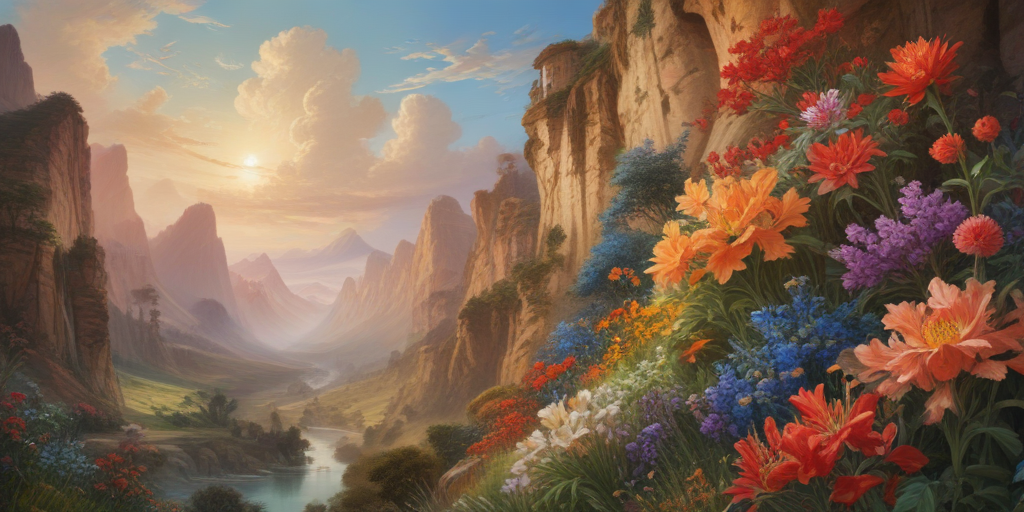 Serene Sunset Over Majestic Mountains Adorned with Vibrant Blossoming ...