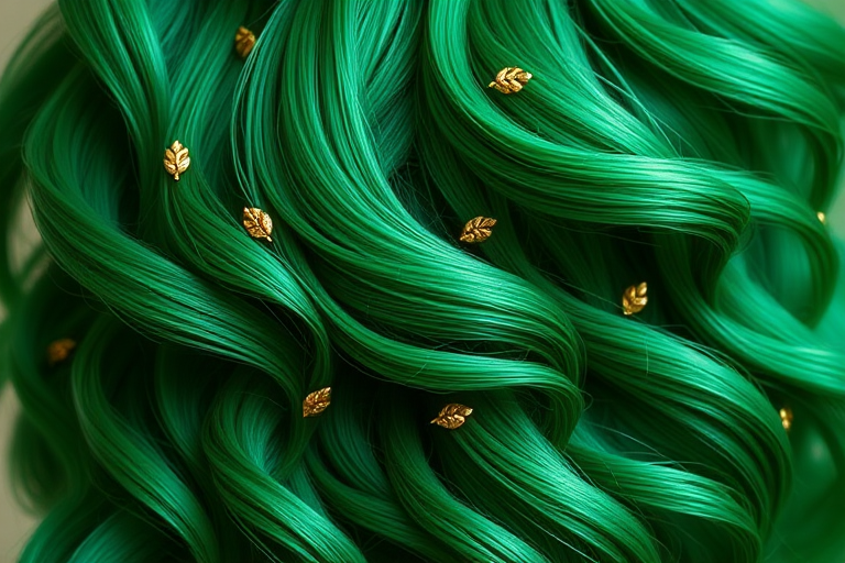 Striking emerald green mermaid waves named "Enchanted Forest" flow gracefully down to the waist, adorned with tiny leaf-shaped clips and shimmering golden accents