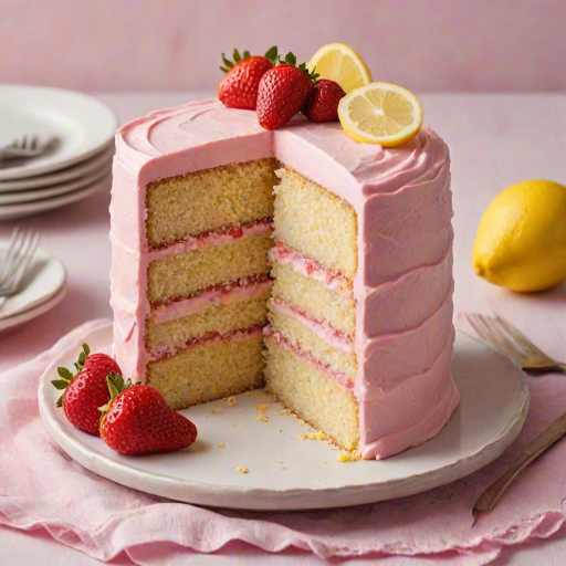 Create an image of a slice of layered cake with a light yellow sponge and pink frosting. The cake should have a smooth texture and be garnished with fresh strawberries and a lemon slice on the side. The background should be soft and pastel-colored to emphasize the cake's vibrant appearance.