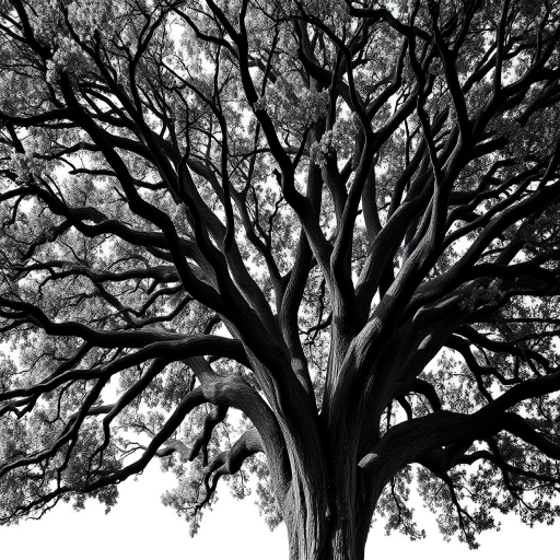 Generate a high-contrast black and white illustration of a large tree with intricate branches and leaves, captured using a DSLR camera at f/8 aperture, ISO 200, 1/200 sec shutter speed, in a vertical orientation with a shallow depth of field to enhance detail and texture.