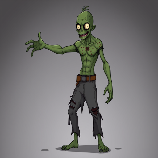Create an illustration of a zombie character with green skin and a half-destroyed face, standing in a dynamic pose with an outstretched arm, wearing torn gray pants and a belt, set against a gradient background; use a digital camera with a 50mm lens, f/2.8 aperture, 1/125s shutter speed, and a soft focus effect for enhanced depth.