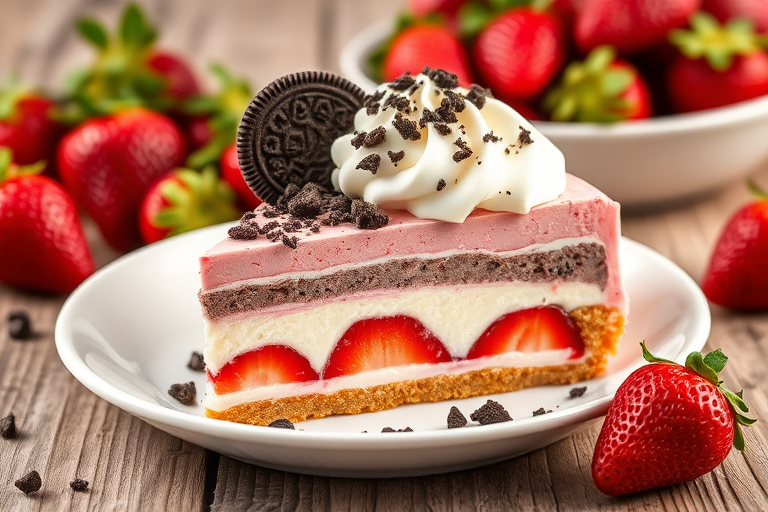 Create an image of a delicious slice of layered strawberry dessert with a creamy white and pink filling topped with crushed cookies and whipped cream on a white plate with fresh strawberries in the background and a rustic wooden table surface.