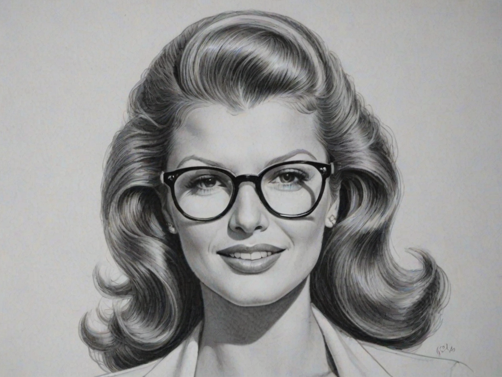 Sublime Rita Hayworth, pencil sketch, portrait of Attractive woman 1977s in glasses, hair style beatnik, outline, clear lines, fine lines, 8k