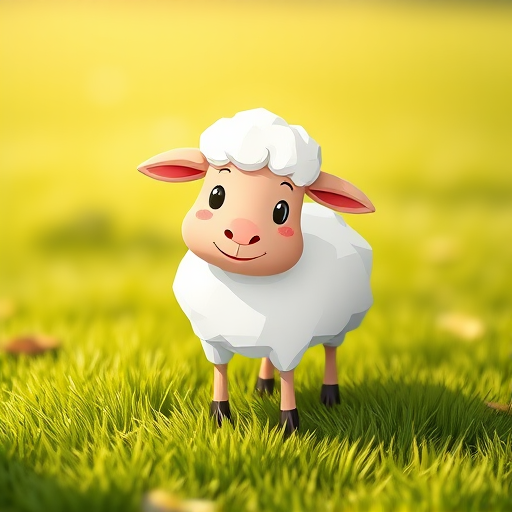 A cartoon-style sheep standing on a grassy field, shot with a Canon EOS 90D, 50mm lens, f/1.8, ISO 100, natural light, shallow depth of field, vibrant colors.