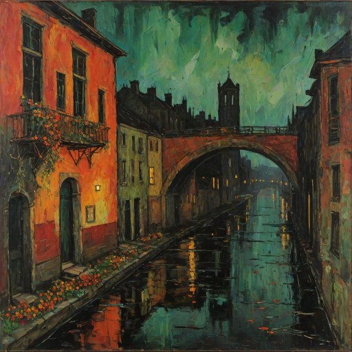 Misty Night, october. Half the frame is occupied by the wall of an old lonely towerhouse. Garlands of flowers hang from the windows. The rest of the frame is a view of the canal and bridge. Abstract expressionism, grunge impasto red orange, black, green intense oil colors on canvas. Jackson Pollock's, naive childish lines, microsplashes. Disturbing, depressive.