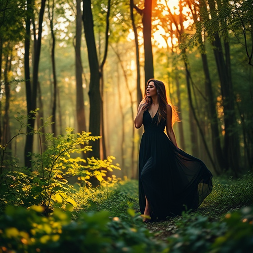 Regenerate a dreamy forest scene with a woman in a flowing dark dress standing amidst lush greenery, soft golden light filtering through the trees, using a DSLR camera, 50mm lens, f/2.8 aperture, ISO 200, capturing a shallow depth of field for a painterly effect.