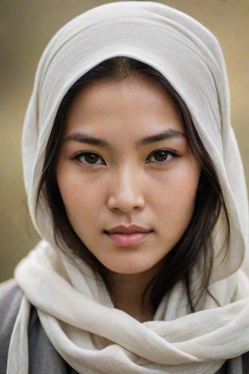 Create a portrait of a young Mongolian woman with long, dark hair and captivating hazel eyes. She is wearing a white headscarf and a matching scarf draped gracefully around her neck. The background is softly blurred, focusing attention on her serene and natural expression. The overall color palette is muted and warm, enhancing the intimate and authentic feel of the portrait.