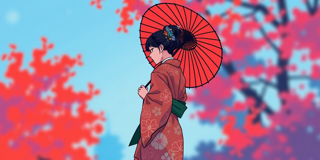 Create an illustration of a traditional Japanese woman walking with a parasol under a vibrant red and blue color scheme, using high-resolution digital art, 35mm lens, f/2.8 aperture, soft focus background for depth, capturing a dynamic angle from slightly below eye level.