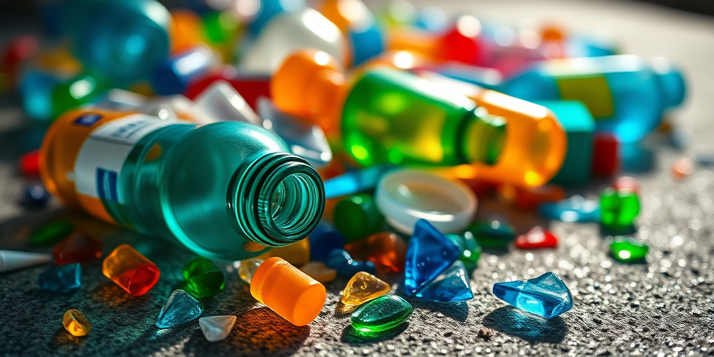 Capture a detailed close-up of a colorful array of plastic bottles and shards on a textured surface under bright natural light, using a DSLR camera with a 50mm lens, f/2.8 aperture, ISO 100, and a shallow depth of field to enhance the vivid colors and create a bokeh effect in the background.