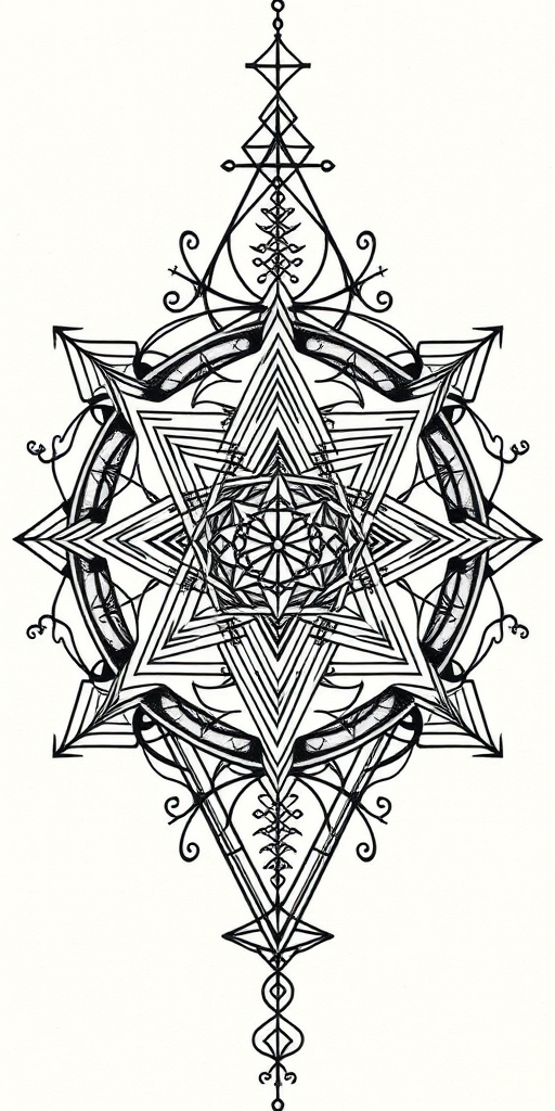 Intricate blackwork geometric tattoo called "Sacred Geometry" showcasing precise lines and complex patterns forming interconnected shapes and symbols inspired by ancient mathematical principles and spiritual designs