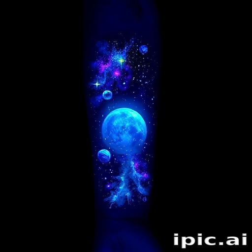 Mystical blacklight tattoo on the forearm, revealing a hidden galaxy scene with glowing stars, planets, and nebulae when exposed to UV light