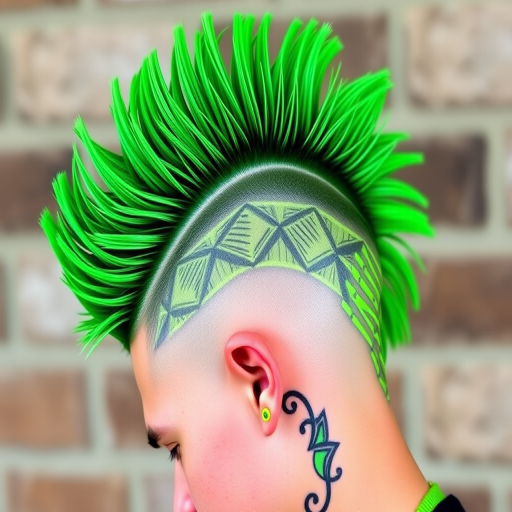 Emerald green mohawk with shaved sides adorned with intricate geometric patterns, dubbed "Neon Rebellion" style, incorporating vibrant lime green accents