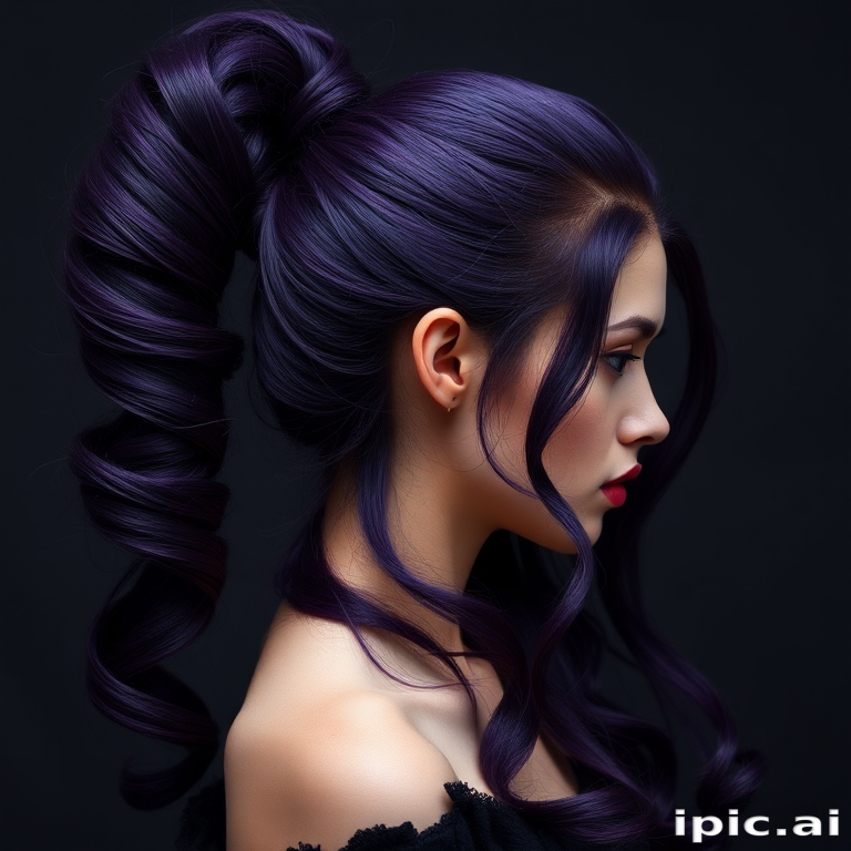 Mysterious deep purple-haired enchantress with a sleek, high ponytail featuring wrapped sections and cascading curls