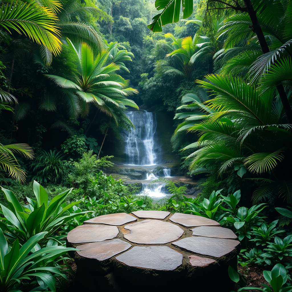 a lush tropical jungle with a stone platform surrounded by dense greenery and a gentle waterfall in the background, taken with a Canon EOS R5, 50mm lens, f/1.8 aperture, ISO 200, natural lighting for enhanced depth and clarity, shallow depth of field for a dreamy effect