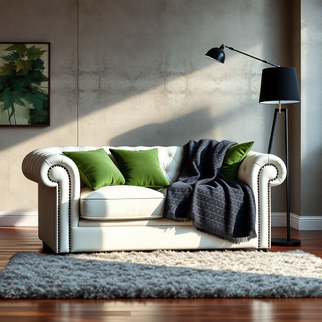 interior living room scene with a white chesterfield sofa draped with a dark patterned throw and green pillows, a tall black floor lamp beside it, textured concrete wall in the background, wooden floor with a plush rug, artistic painting on the wall, natural lighting, shot with a DSLR camera at f/2.8, ISO 100, 35mm lens, soft focus background