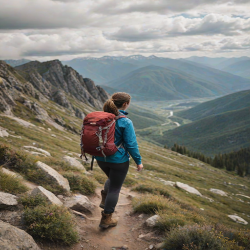 Blurry action shot of a woman hiking up a mountain trail, wearing a backpack and sturdy boots, with panoramic views of the valley below, and soft clouds drifting above.