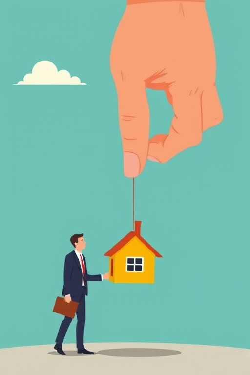 Create an illustration of a large hand reaching down to take a small yellow house from a businessman standing below, set against a simple turquoise background with a few clouds, using a DSLR camera with a 50mm lens, aperture f/2.8, ISO 100, and a slight vignette effect for a polished look.