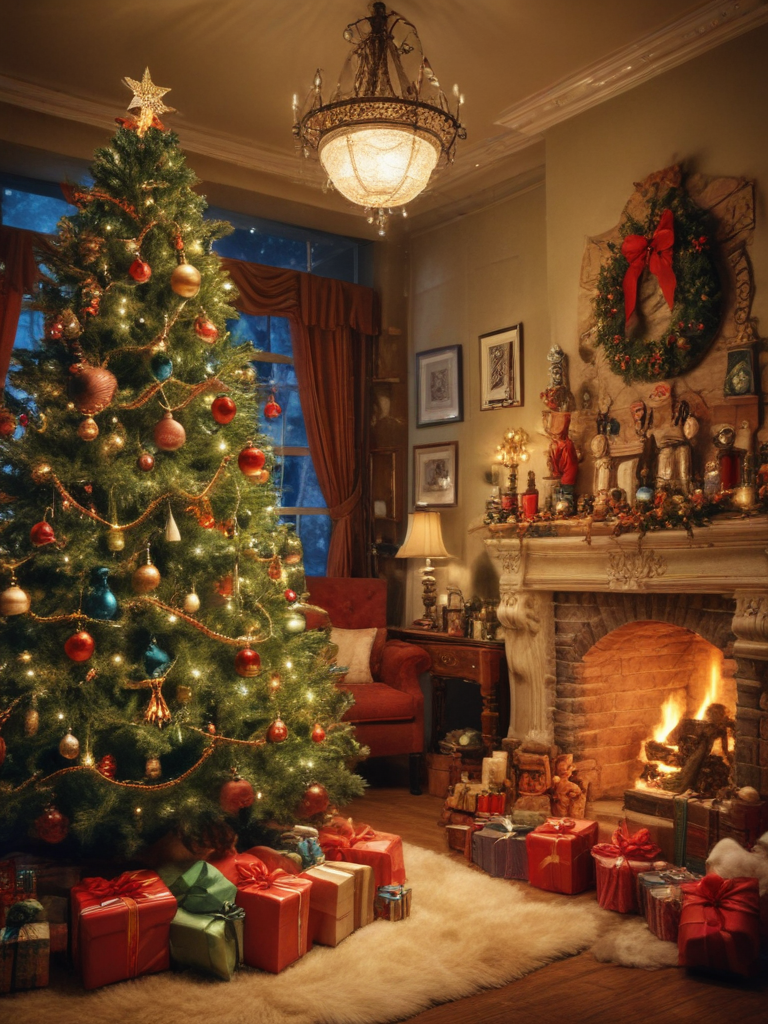 A Cozy Living Room Decorated for Christmas with Tree and Presents