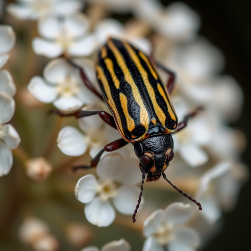macro photograph of a striped beetle on delicate white flowers with a shallow depth of field, captured with a Canon EOS 5D Mark IV, 100mm f/2.8 macro lens, aperture f/2.8, ISO 200, shutter speed 1/200s, natural soft lighting, focusing on the beetle's texture and colors.