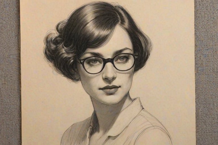 Exquisite Raven-Symon', pencil sketch, portrait of Resplendent woman 1922s in glasses, hair style beatnik, outline, clear lines, fine lines, 8k