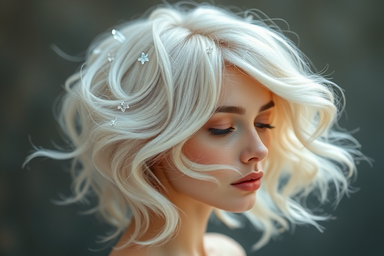 Ethereal white-blonde waves known as "Celestial Halo" float gracefully around the head, adorned with tiny star-shaped crystals and a subtle opalescent sheen
