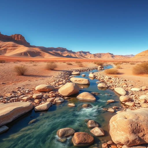 Create a vibrant desert landscape featuring a winding stream with smooth rocks under a clear blue sky, using a DSLR camera with a 50mm lens, f/8 aperture, ISO 100, and a wide-angle view to capture the expansive scenery.