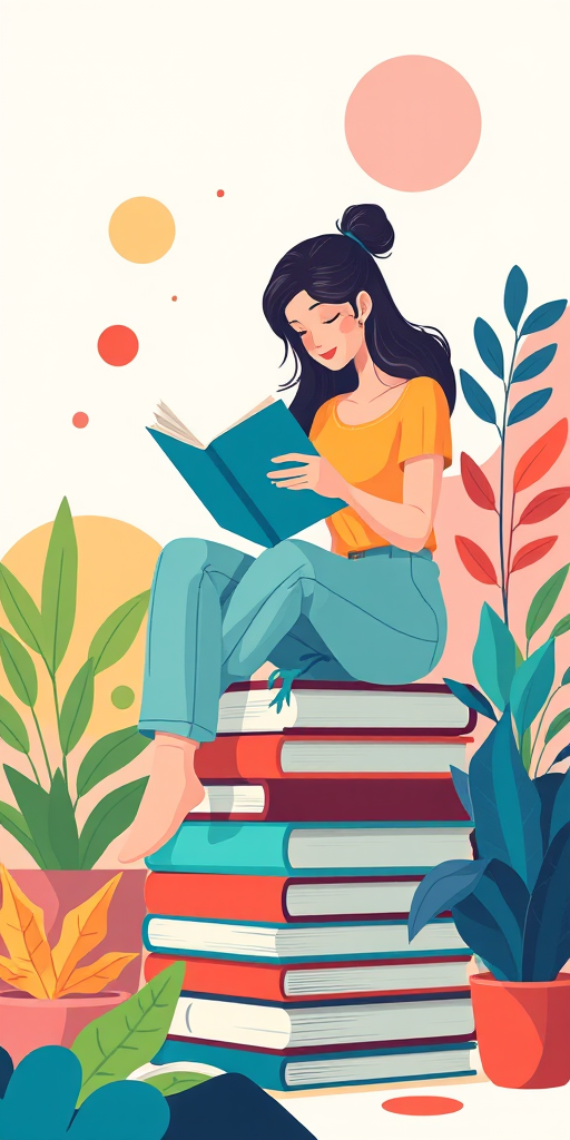 Create a colorful vector illustration of a woman reading a book while sitting on a stack of books, surrounded by plants and abstract shapes, with soft lighting, using a Canon EOS R5 camera, 50mm lens, f/1.8 aperture, ISO 100, and a high-resolution editing style.