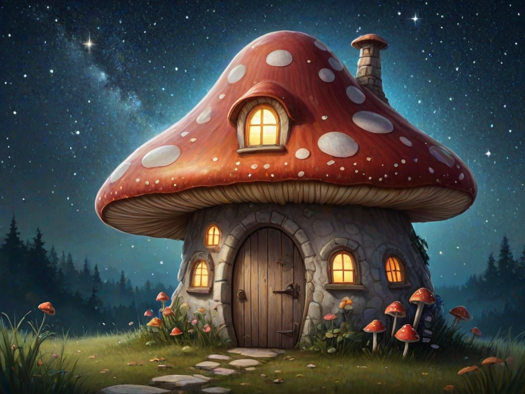 create illustration of a mushroom house with a door and a window, a storybook , fantasy art, mushroom house, bg starry sky, sparkles