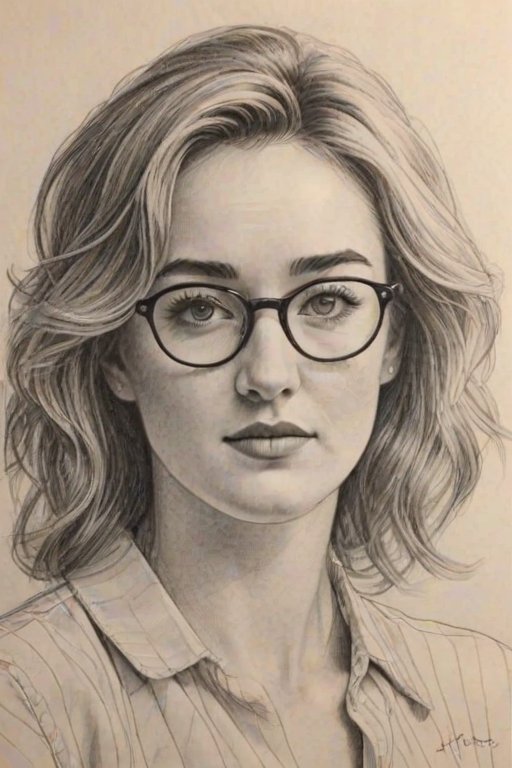 Gorgeous Ashley Johnson, pencil sketch, portrait of Radiant woman 1964s in glasses, hair style beatnik, outline, clear lines, fine lines, 8k