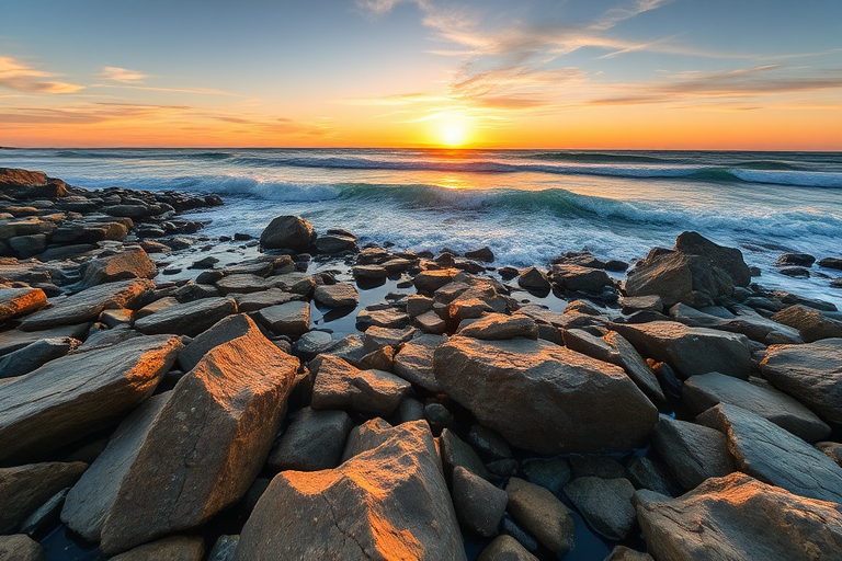 Regenerate an image of a rocky shoreline with waves crashing on the beach at sunrise, using a Canon EOS R camera, 24mm lens, f/11 aperture, ISO 100, 1/250s shutter speed, wide-angle view, and vibrant colors for enhanced image quality.
