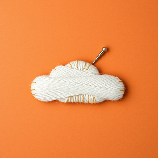 Create an image of a stylized cloud stitched together with thread and a sewing needle against a warm terracotta background, shot with a Canon EOS R5, aperture f/5.6, ISO 100, 50mm lens, in a flat lay perspective to enhance detail and texture.