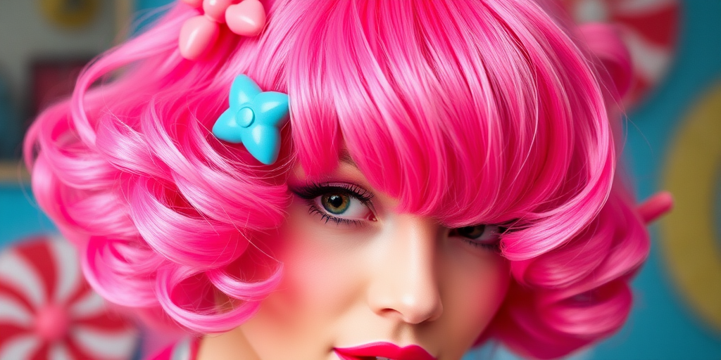 Whimsical close-up reveals Bubblegum Pop bob, vibrant hot pink hair with lighter pastel pink highlights, styled in voluminous retro-inspired curls with candy-shaped accessories