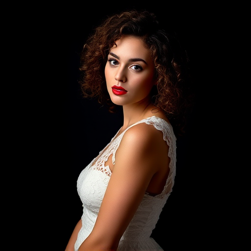 portrait of a woman with curly hair wearing a white lace dress and red lipstick against a black background, soft studio lighting, aperture f/2.8, ISO 100, 85mm lens, shot with a DSLR camera, using a shallow depth of field to create a blurred background effect.