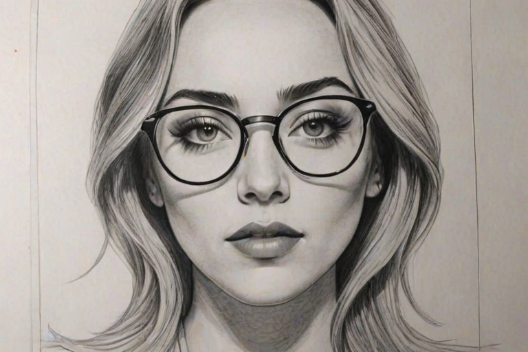 Sublime Brandi Cyrus, pencil sketch, portrait of Enchanting woman 1961s in glasses, hair style beatnik, outline, clear lines, fine lines, 8k