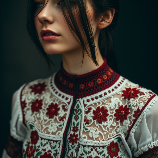 Face, shoulders, chest covered in openwork Ukrainian embroidery. Raw, unedited image.