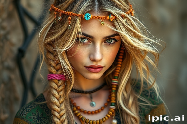 Bohemian beauty with long, tousled honey blonde locks adorned with intricate braids and adorned with colorful boho-inspired accessories