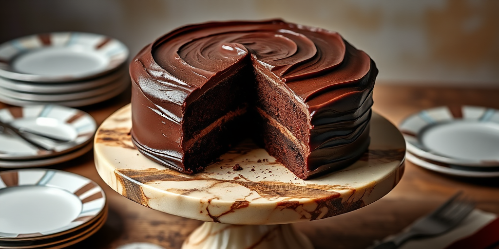 A delicious chocolate cake with smooth chocolate frosting on a marble cake stand, showing a slice cut out revealing its moist texture, surrounded by elegant plates and a soft blurred background.