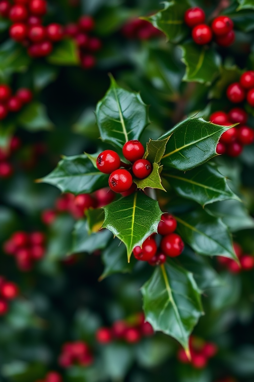 macro shot of a holly bush with bright red berries and sharp green leaves, f/2.8, ISO 200, 1/250s, natural light, DSLR camera, shallow depth of field